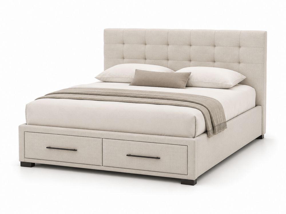 Leinen Polsterbett mit Stauraum und Kopfteil Beige