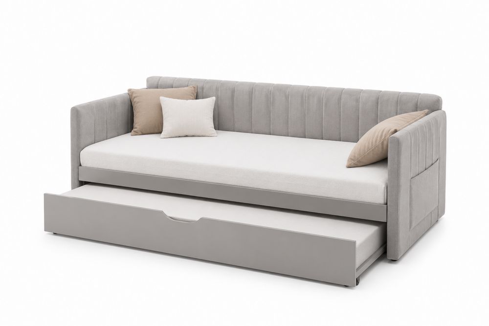Tagesbett mit ausziehbarem Gästebett 200x90 cm aus grauem Mikrofaserstoff