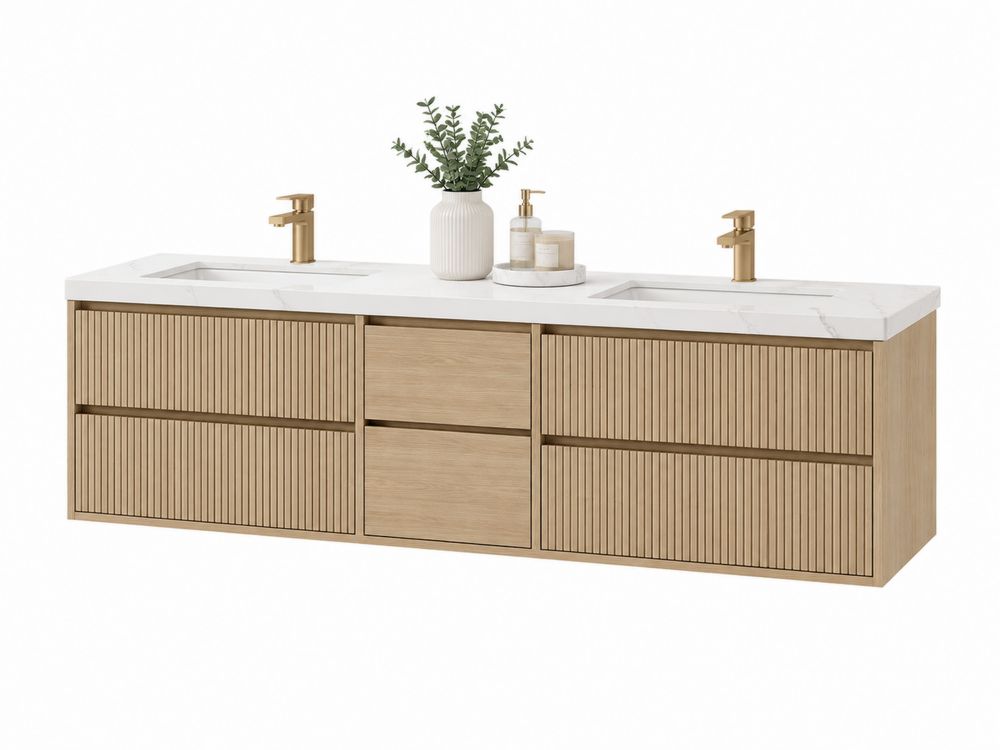 Wandmontierter Waschtischunterschrank mit Doppelwaschbecken aus Holz und Marmor 200 cm