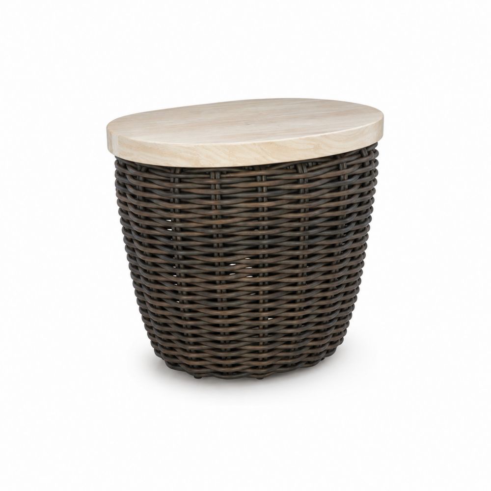Runder Beistelltisch aus Polyrattan mit Teakholzplatte Braun-Sovloria
