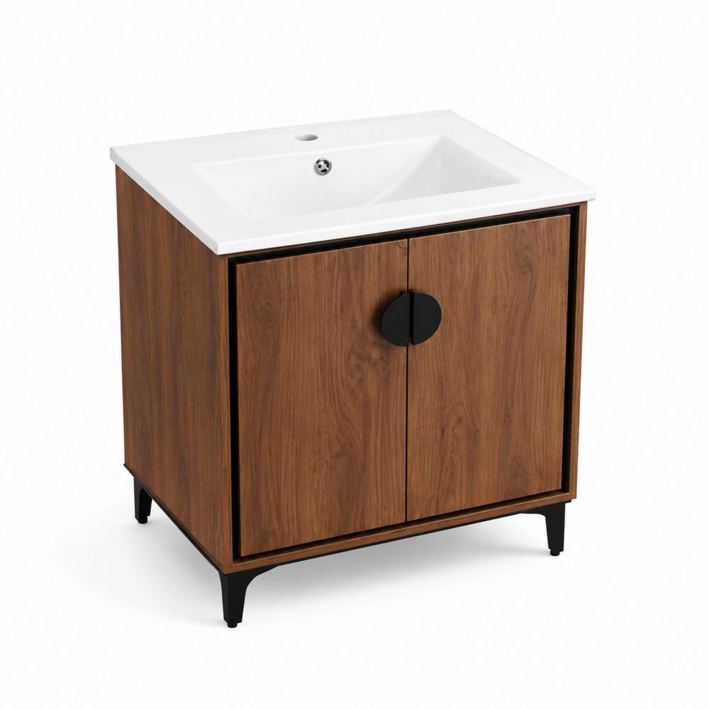 Waschtischunterschrank mit Waschbecken Keramik Weiß und Holz Braun-Sovloria