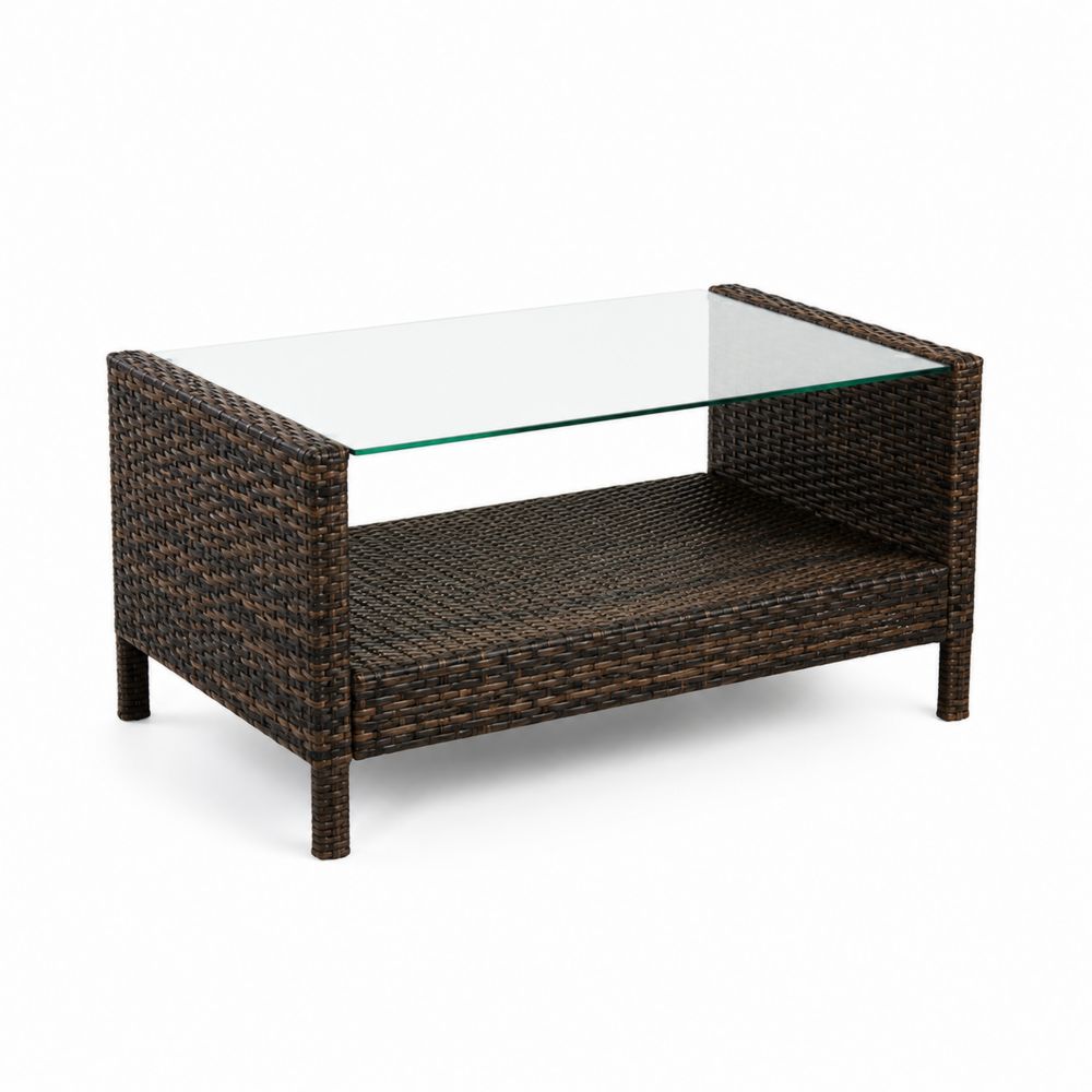 Garten-Couchtisch Glasplatte Polyrattan Braun-Sovloria