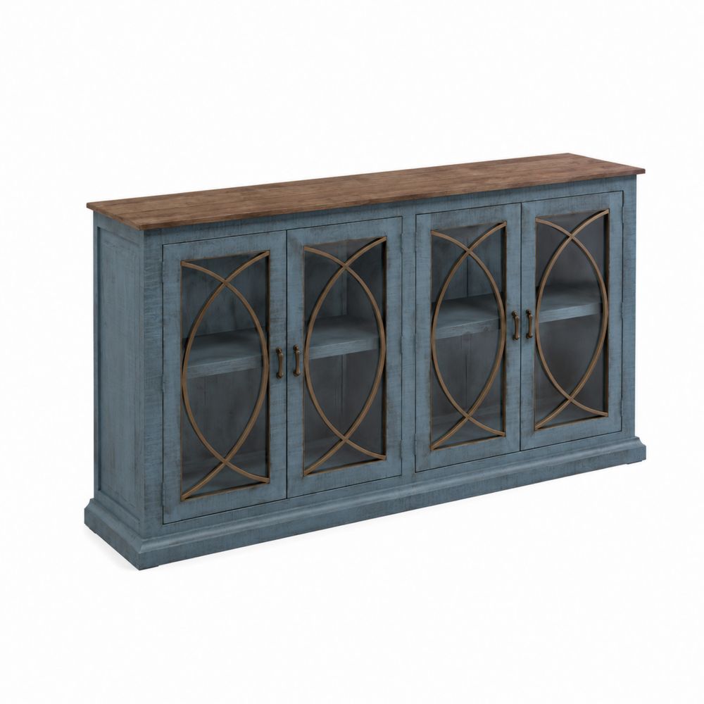 Holzsideboard mit Sicherheitsglastüren und Metallverzierung Blau/Braun 160x80x40 cm-Sovloria