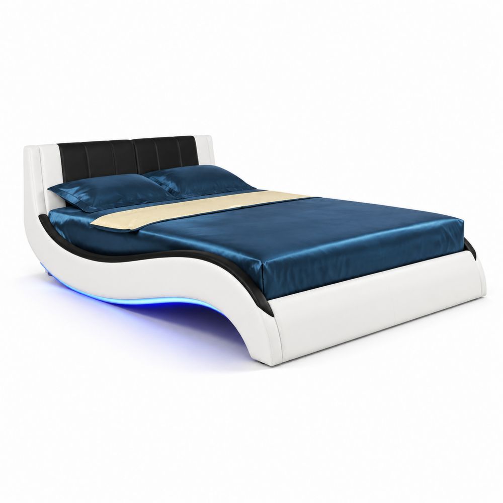 Doppelbett mit LED-Beleuchtung Kunstleder Weiß/Schwarz-Sovloria