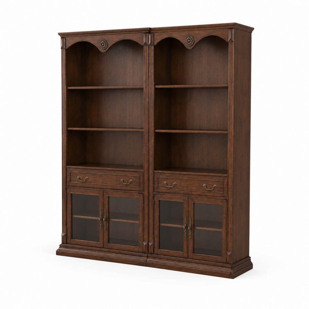 Holz Bücherregal mit Schubladen und Glastüren, Braun-Sovloria