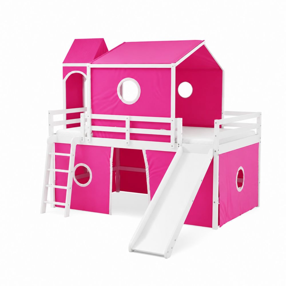 Kinder Hochbett mit Rutsche und Leiter Holz Stoff Pink Weiß-Sovloria