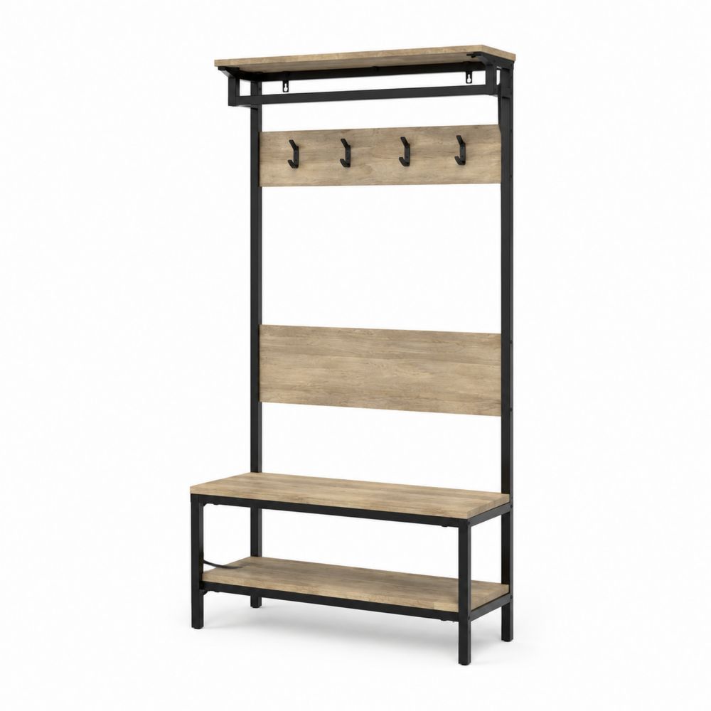 Garderobenständer mit Regal und Haken aus Metall und Holz 180x80x40cm Natur/Schwarz-Sovloria