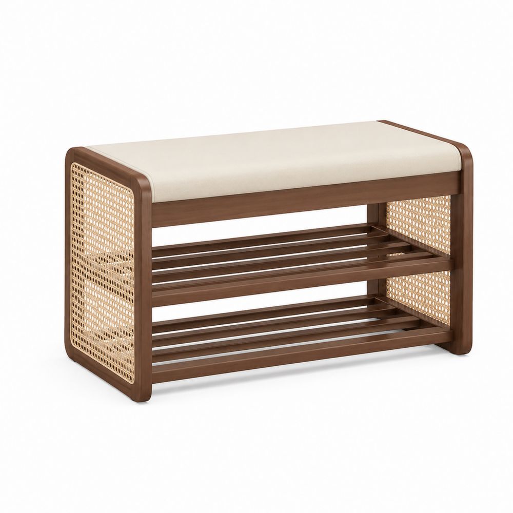 Walnussholz Schuhbank mit Rattan-Seiten und Polyesterbezug, 100x40x45cm, Braun/Beige-Sovloria