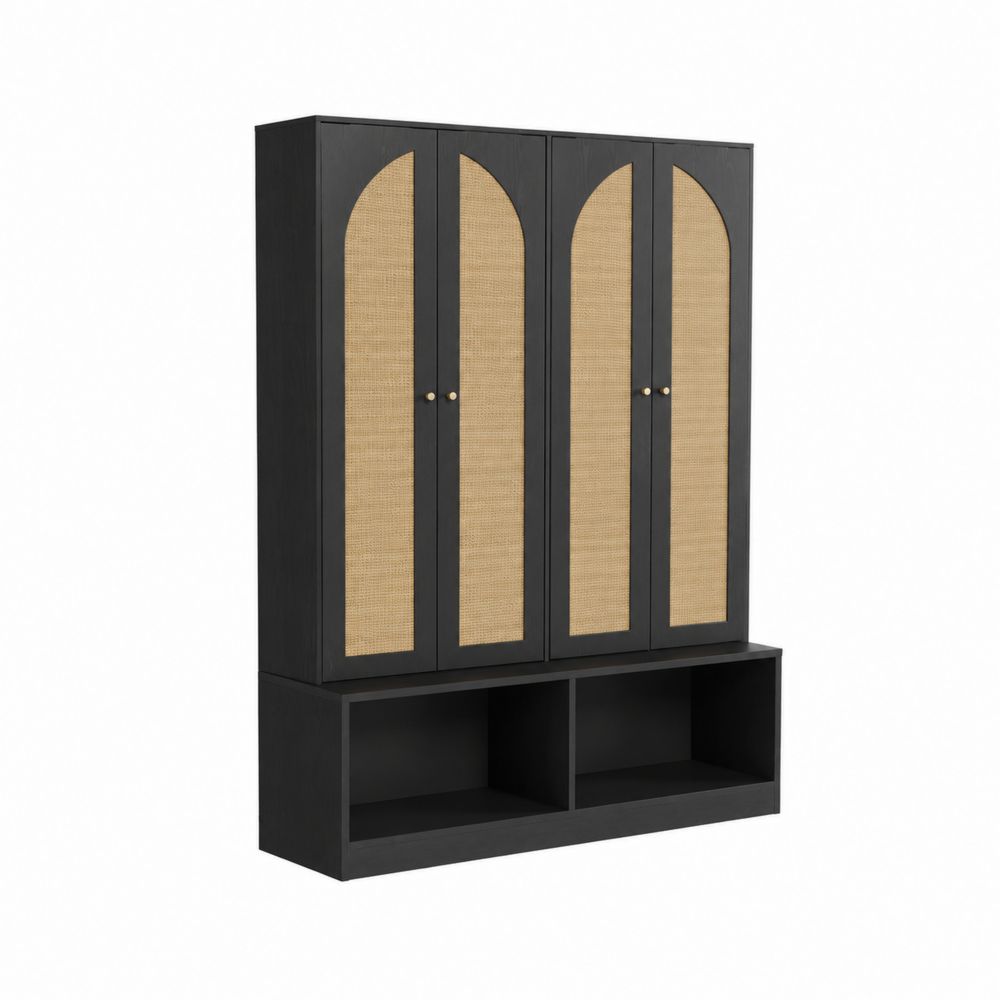 Schrank mit 4 Türen aus MDF und Rattan in Schwarz und Natur-Sovloria