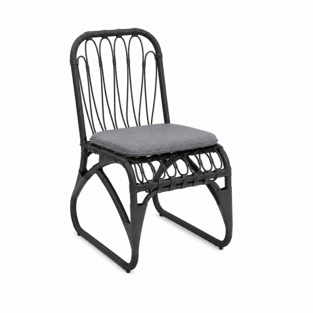 Stuhl aus Polyrattan Schwarz mit grauem Kissen 85cm Höhe-Sovloria