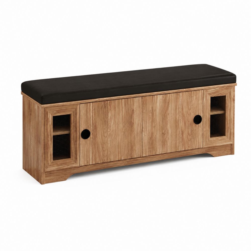 Schuhbank aus Holz mit schwarzem Kunstleder Sitzpolster-Sovloria