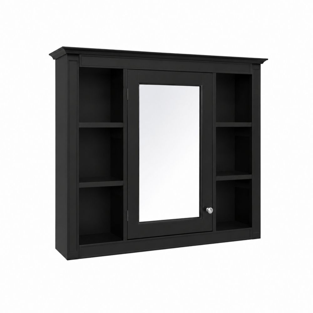 Schwarzer Badezimmerschrank mit Spiegel, Holz, 80x60x14 cm-Sovloria