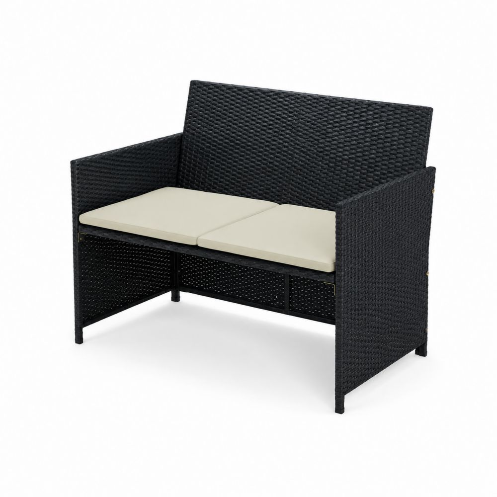 Garten Zweisitzer Sofa Polyrattan Schwarz mit Polyester Kissen Creme-Sovloria