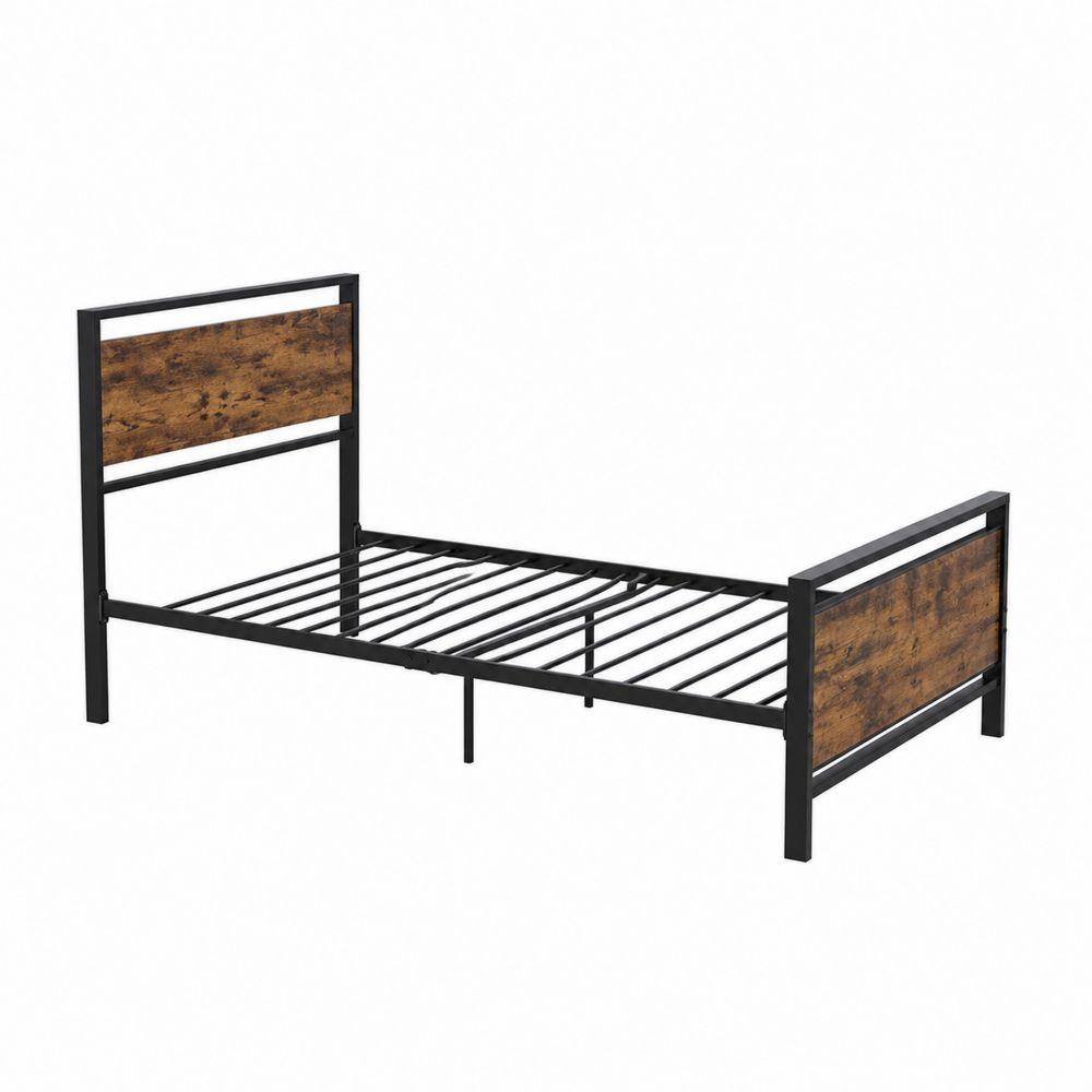 Einzelbett Metallrahmen mit MDF-Holzkopfteil 90x200 cm Schwarz/Braun-Sovloria
