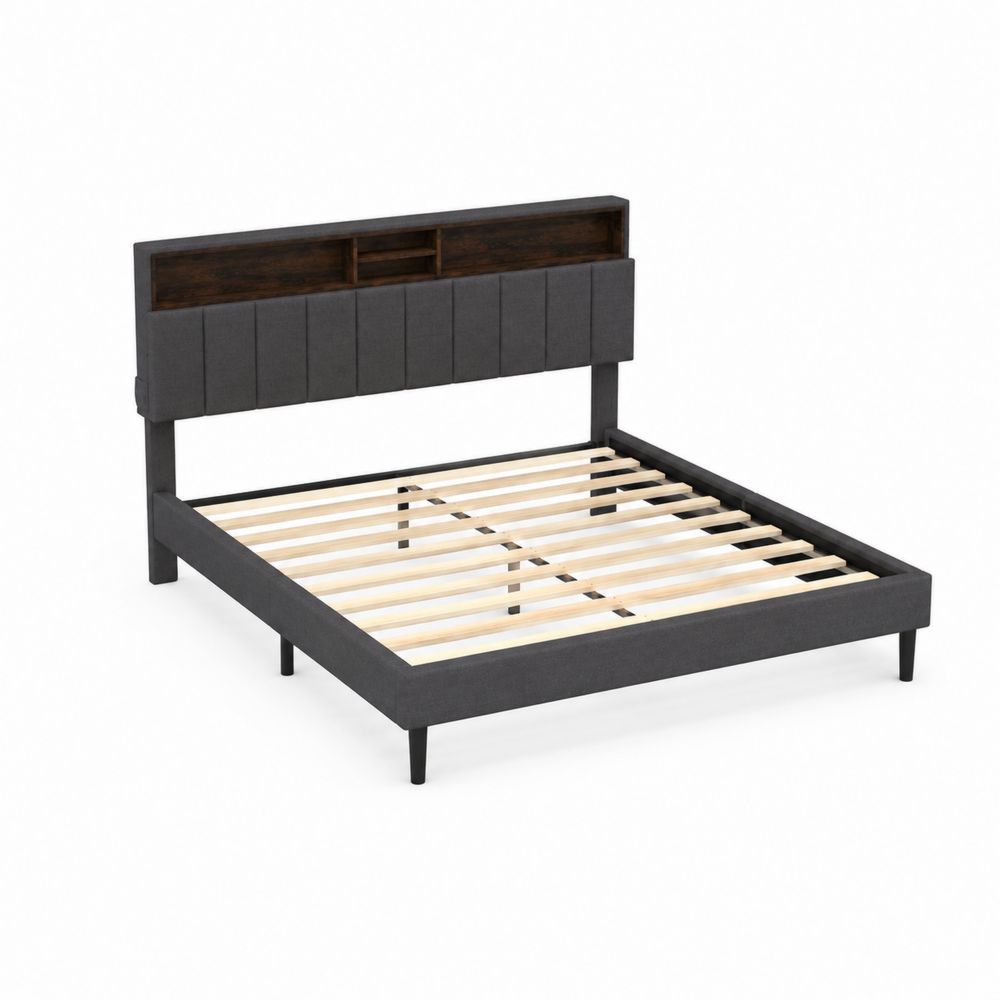 Bettgestell mit Kopfteil aus Holz und Textil Dunkelgrau 200x160cm-Sovloria