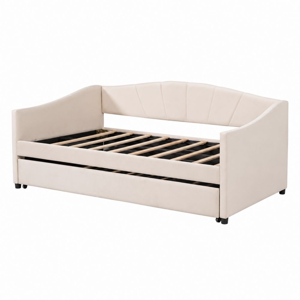 Tagesbett Beige mit Ausziehbett aus Holz und Polyester-Sovloria