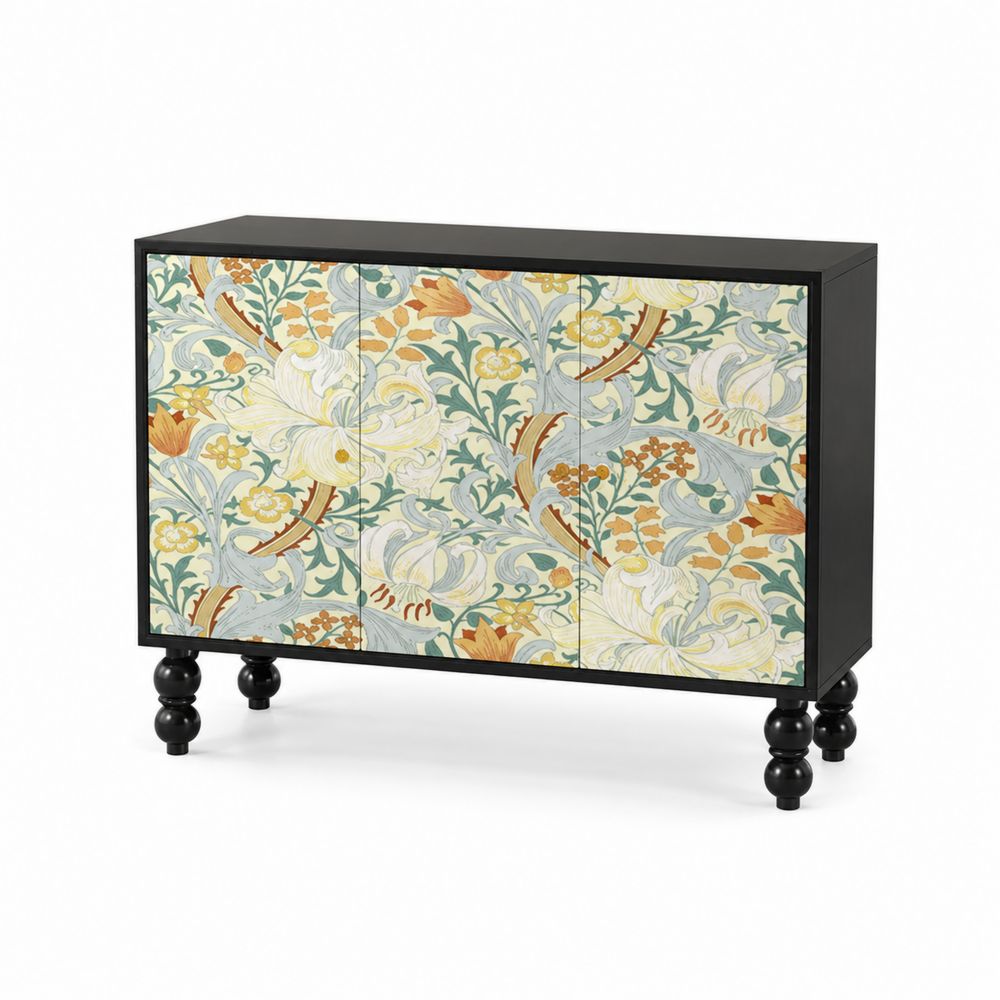 Buffetschrank mit Blumenmuster und 3 Türen aus Holz in Schwarz-Sovloria