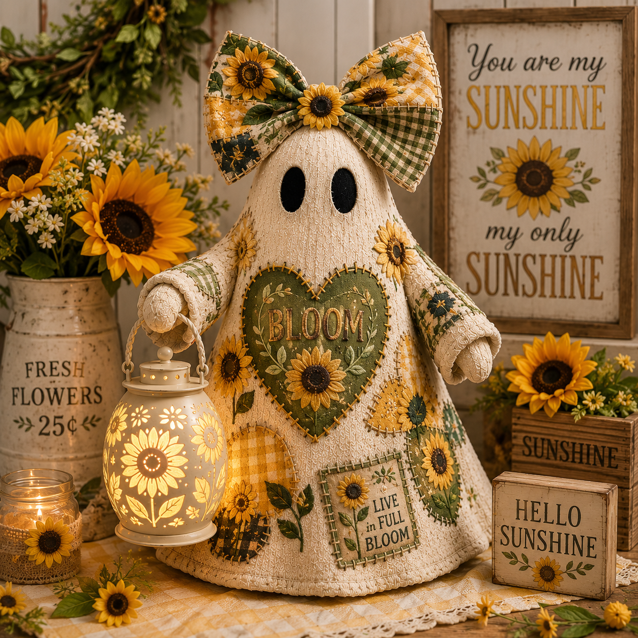 Sunflower Bloom Ghost Lantern – Lighted Farmhouse Floral Decor