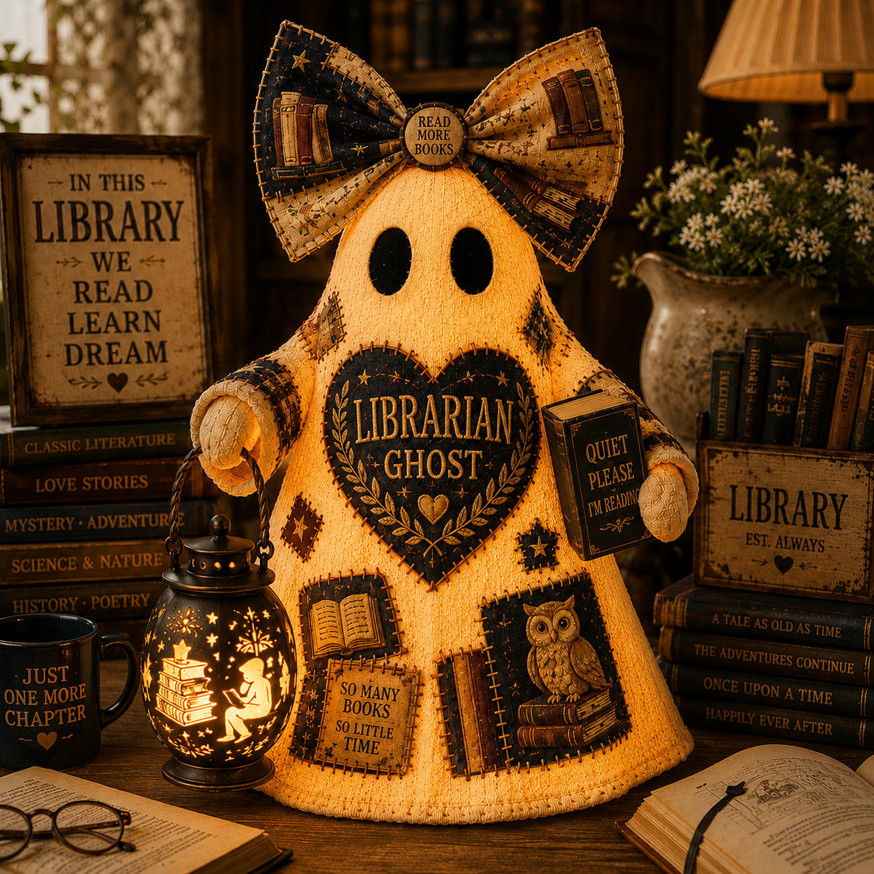 Librarian Ghost Lantern – Lighted Book Lover Farmhouse Decor