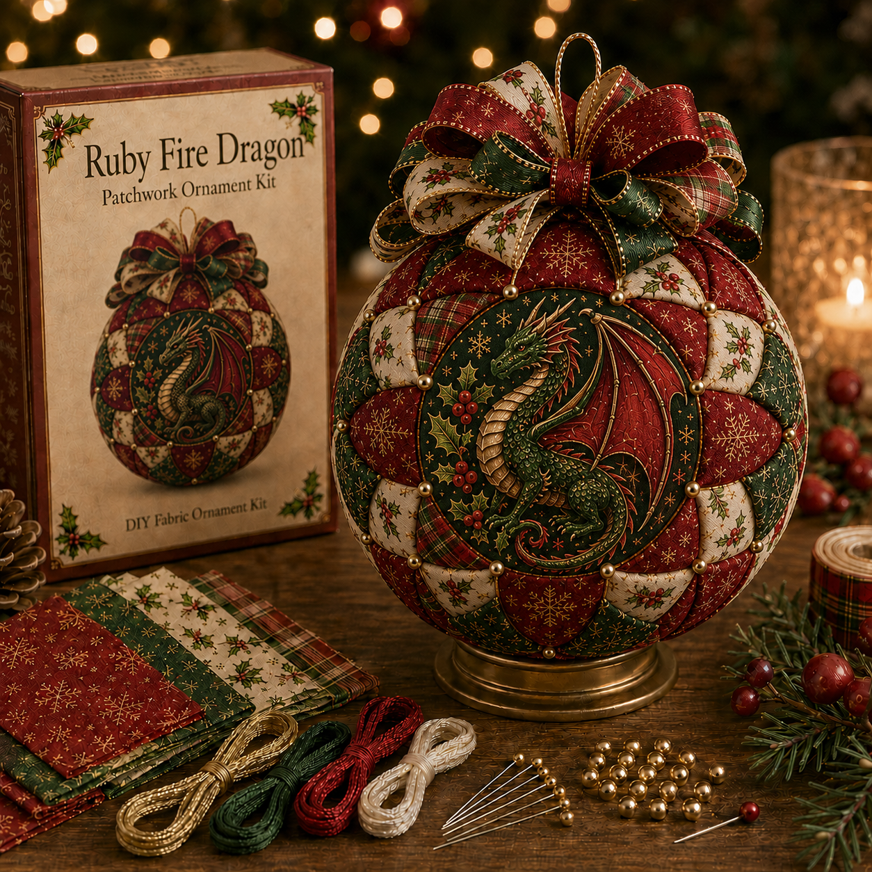⏳ Last Day 49% OFF – 🐉🎄 Christmas Dragon Patchwork Ornament DIY Kit | Beginner-Friendly Fabric Craft with Coordinated Materials, Festive Bow & Step-by-Step Guide ✨