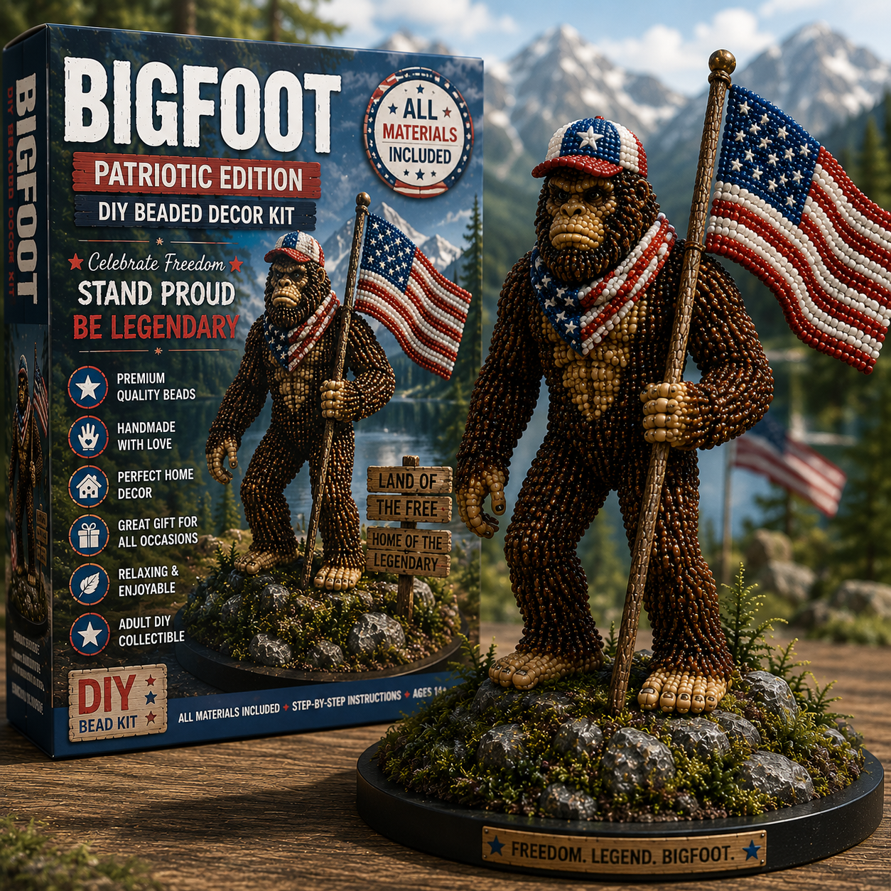 Bigfoot Patriot Edition DIY Beaded Collectible Kit - Build the Legendary Guardian of Freedom