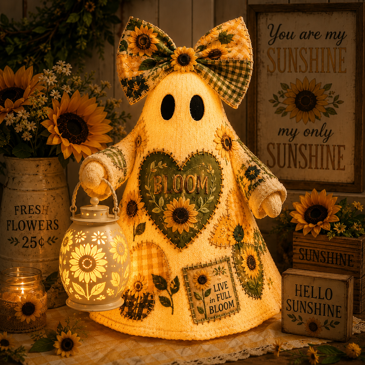 Sunflower Bloom Ghost Lantern – Lighted Farmhouse Floral Decor