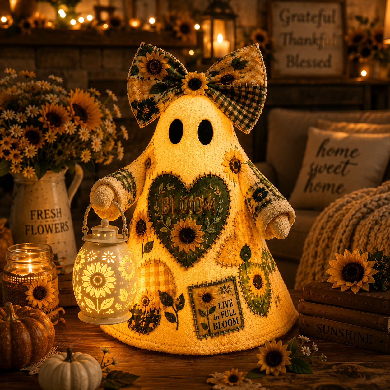 Sunflower Bloom Ghost Lantern – Lighted Farmhouse Floral Decor