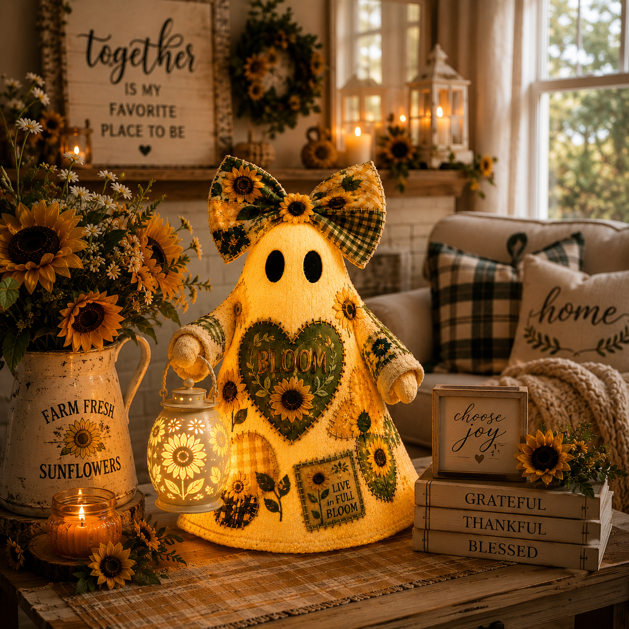 Sunflower Bloom Ghost Lantern – Lighted Farmhouse Floral Decor
