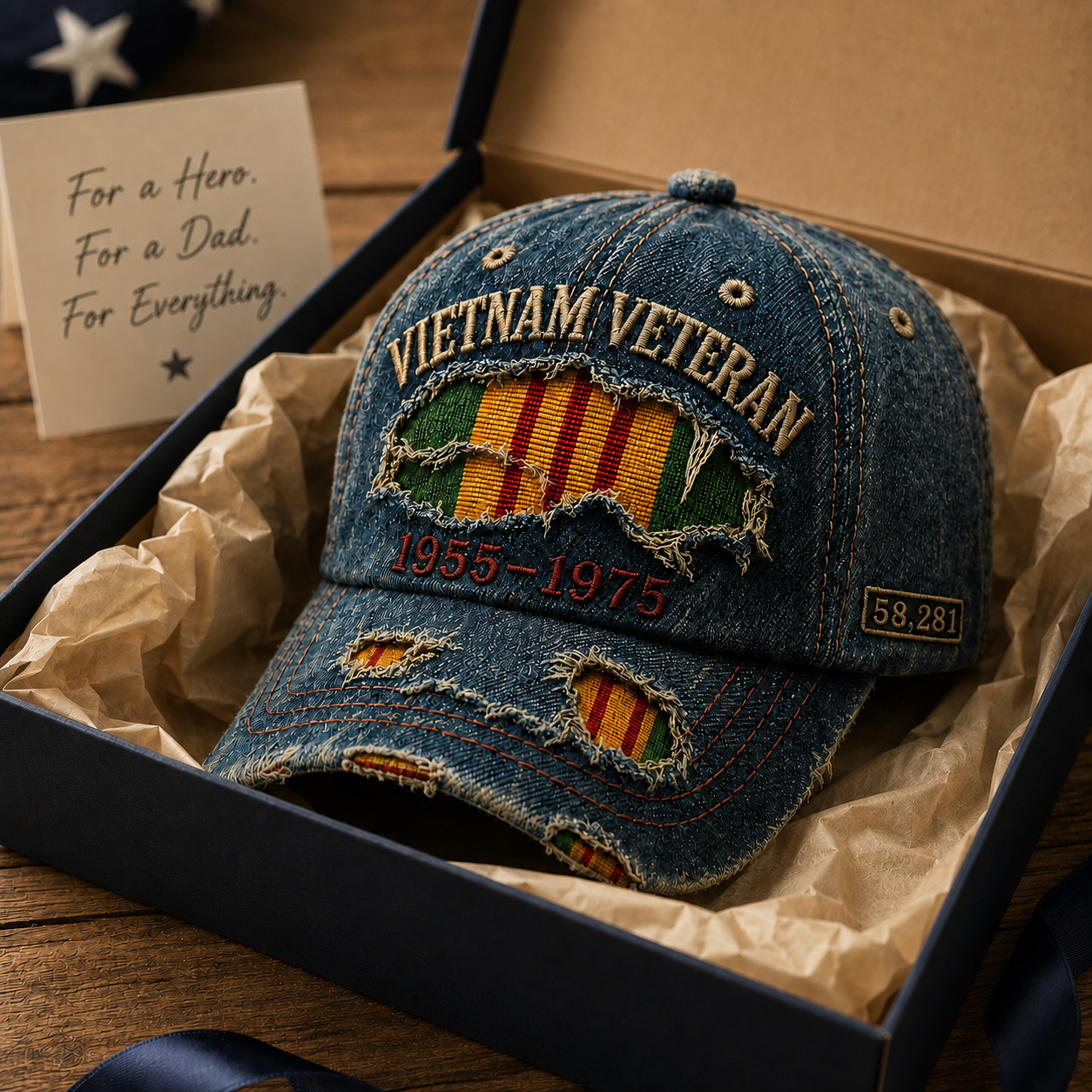 Vietnam Veteran Distressed Denim Cap – 1955–1975 Honor & Remembrance Hat