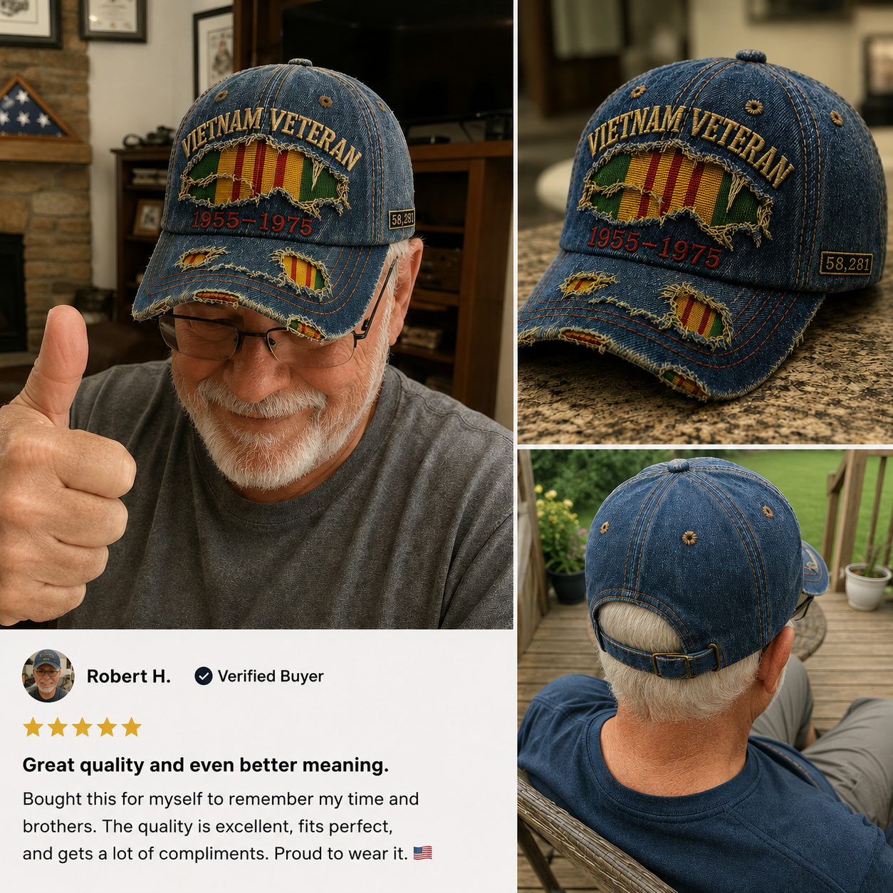 Vietnam Veteran Distressed Denim Cap – 1955–1975 Honor & Remembrance Hat