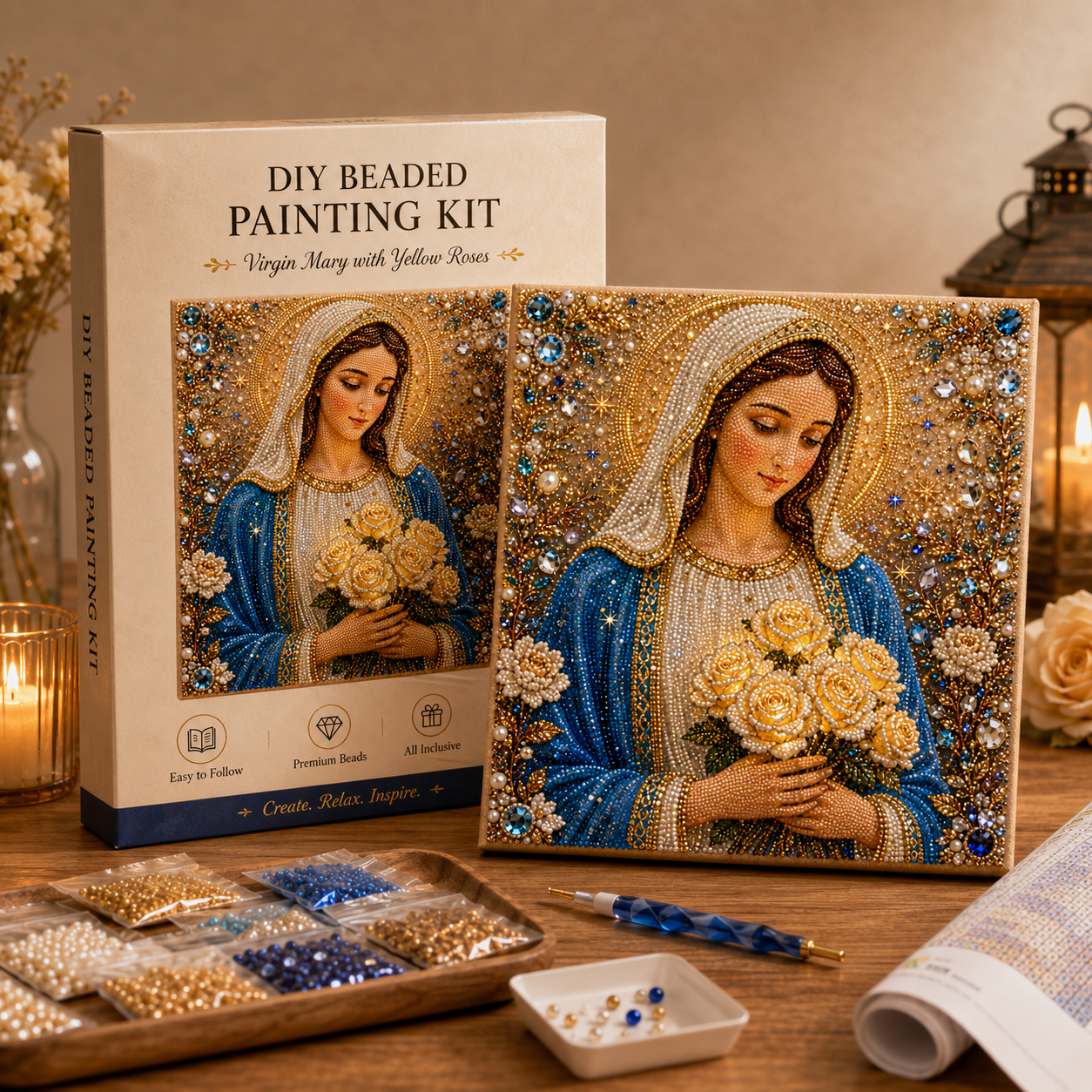 Virgin Mary with Roses DIY Beaded Embroidery Kit – Sparkling Christian Wall Art