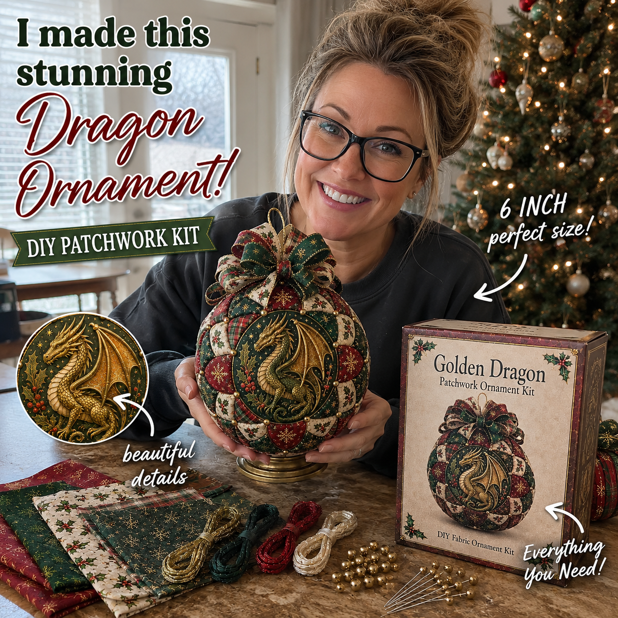 ⏳ Last Day 49% OFF – 🐉🎄 Christmas Dragon Patchwork Ornament DIY Kit | Beginner-Friendly Fabric Craft with Coordinated Materials, Festive Bow & Step-by-Step Guide ✨