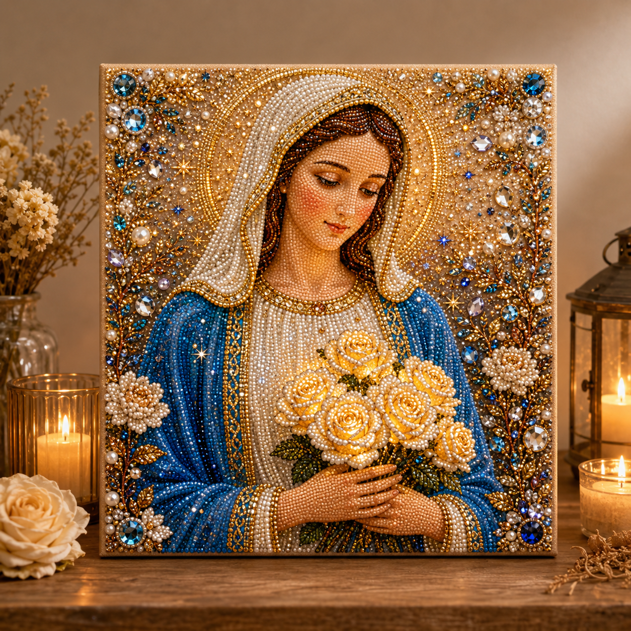 Virgin Mary with Roses DIY Beaded Embroidery Kit – Sparkling Christian Wall Art