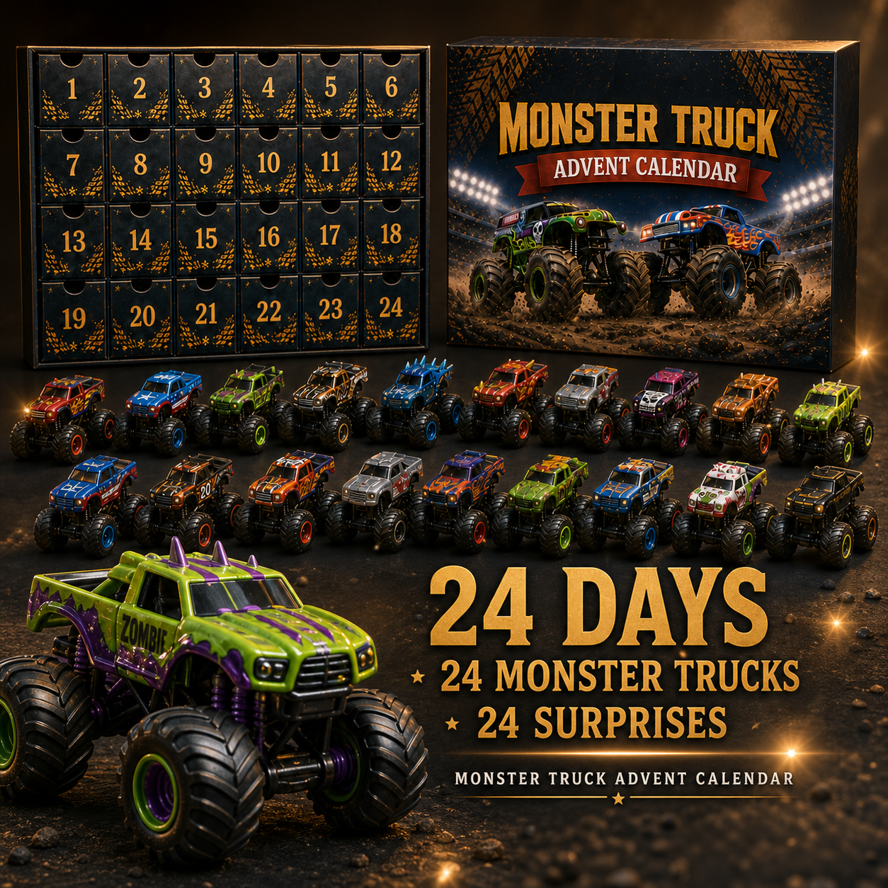 24 Days of Monster Trucks Advent Calendar – 24 Collectible Big-Wheel Truck Figures