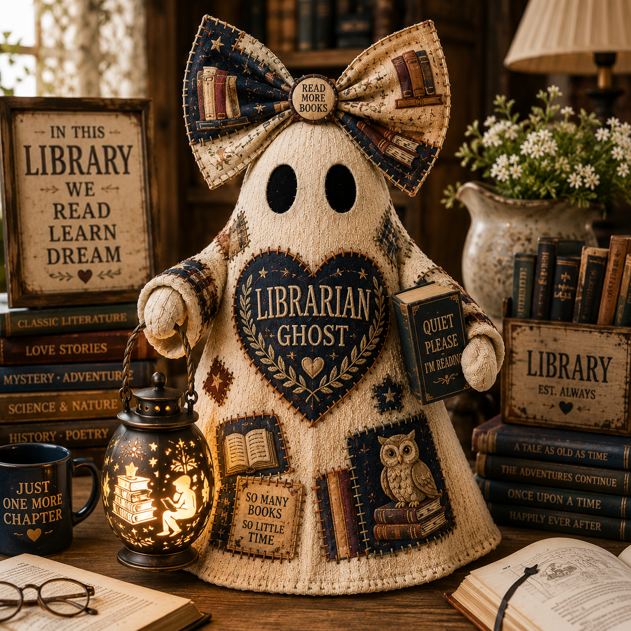 Librarian Ghost Lantern – Lighted Book Lover Farmhouse Decor