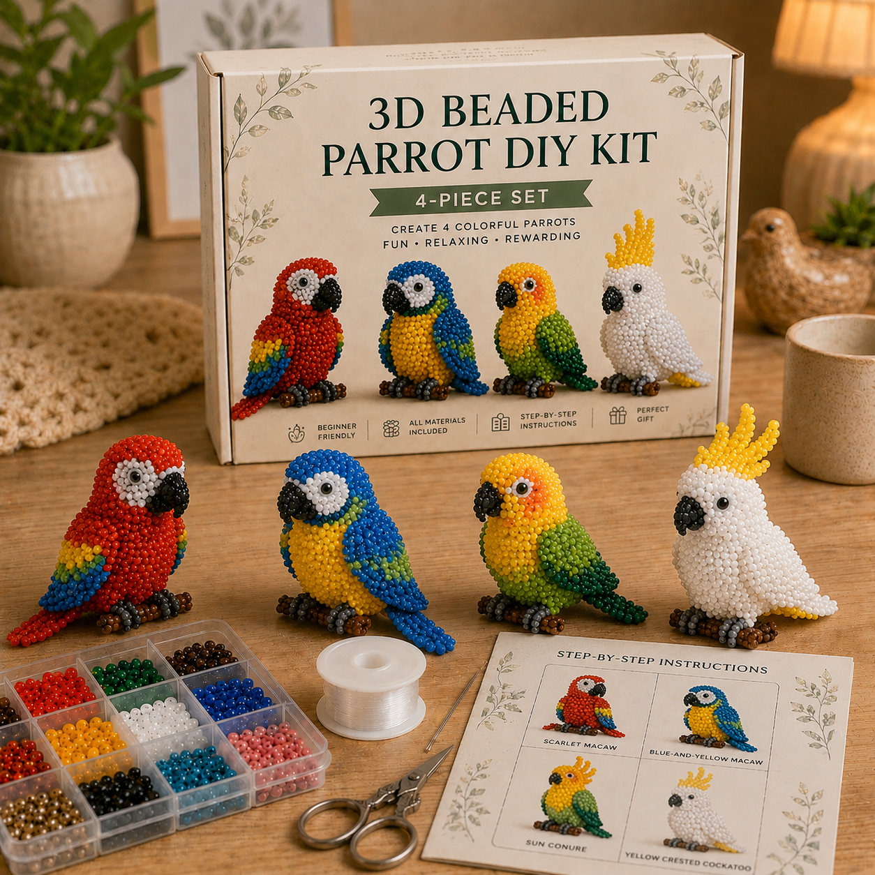 3D Beaded Parrot Collection DIY Kit - Create 4 Stunning Tropical Bird Sculptures