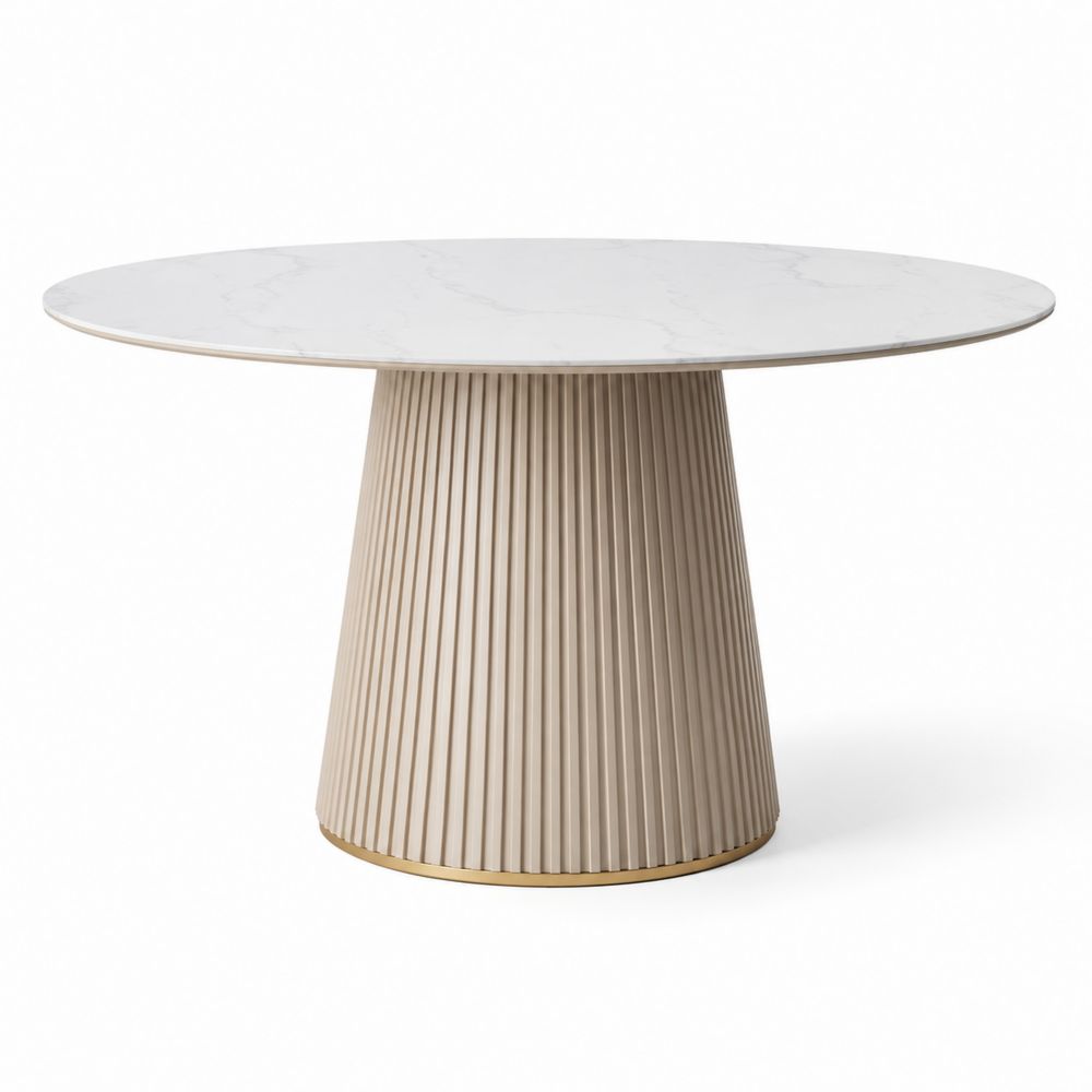 Runder Esstisch 100cm Marmoroptik Weiß, Zylinderform Fuß Beige