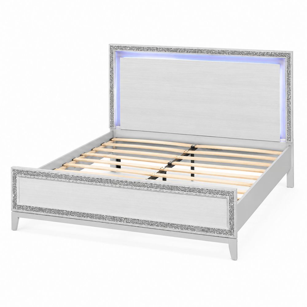 Bett mit LED-Beleuchtung 160x200cm MDF und Massivholz Silber