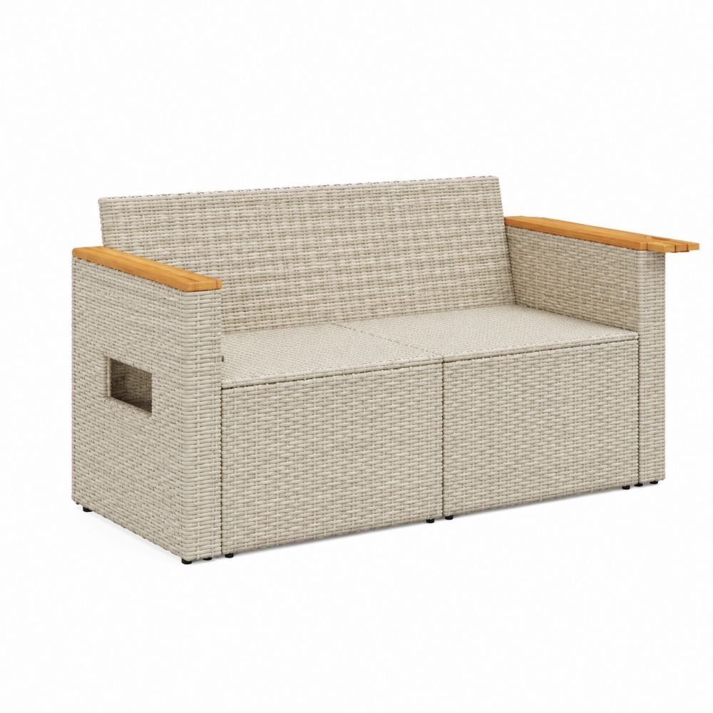 Gartensofa Rattan 2-Sitzer mit Holzarmlehnen Beige