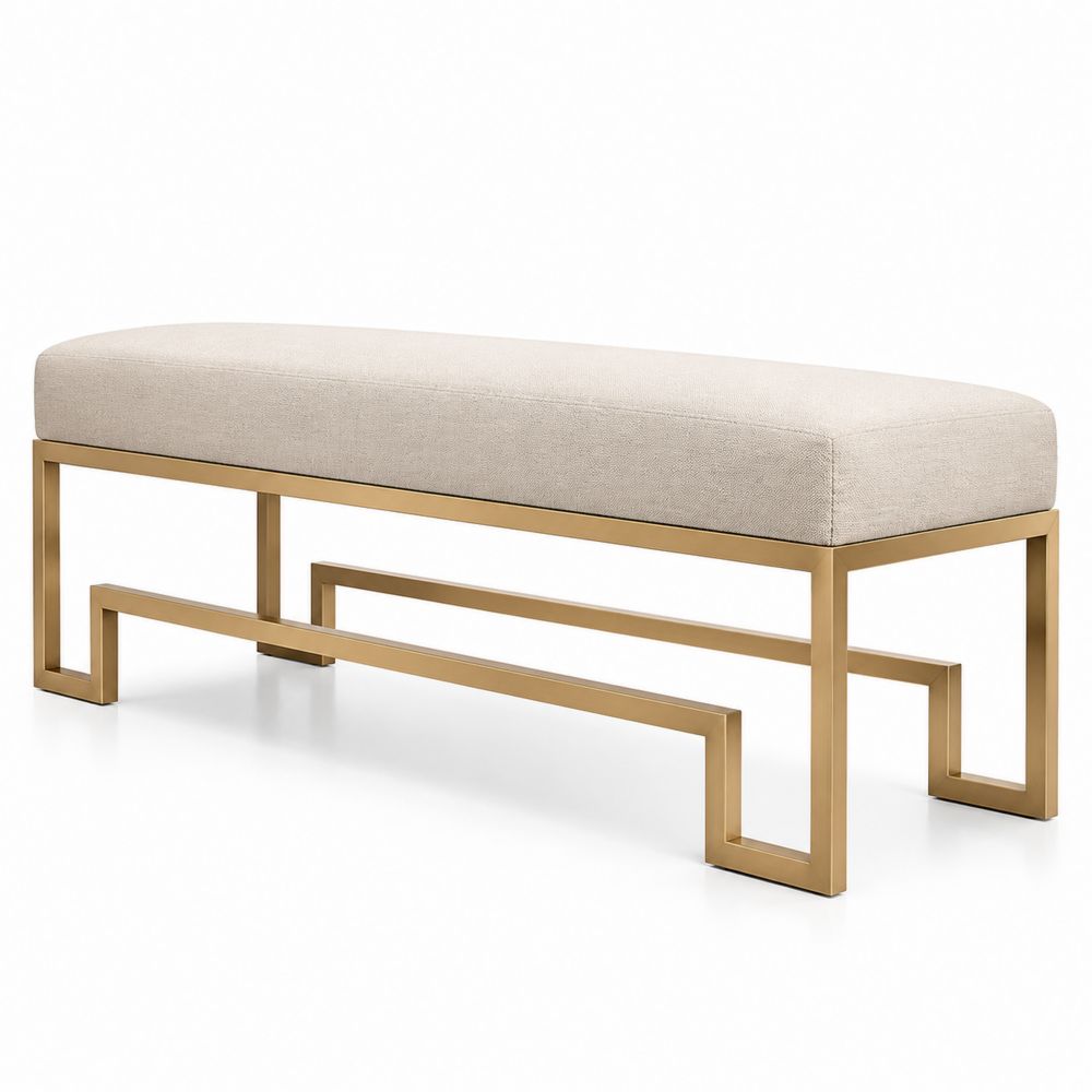 Bank mit Metallrahmen und Stoffbezug in Beige