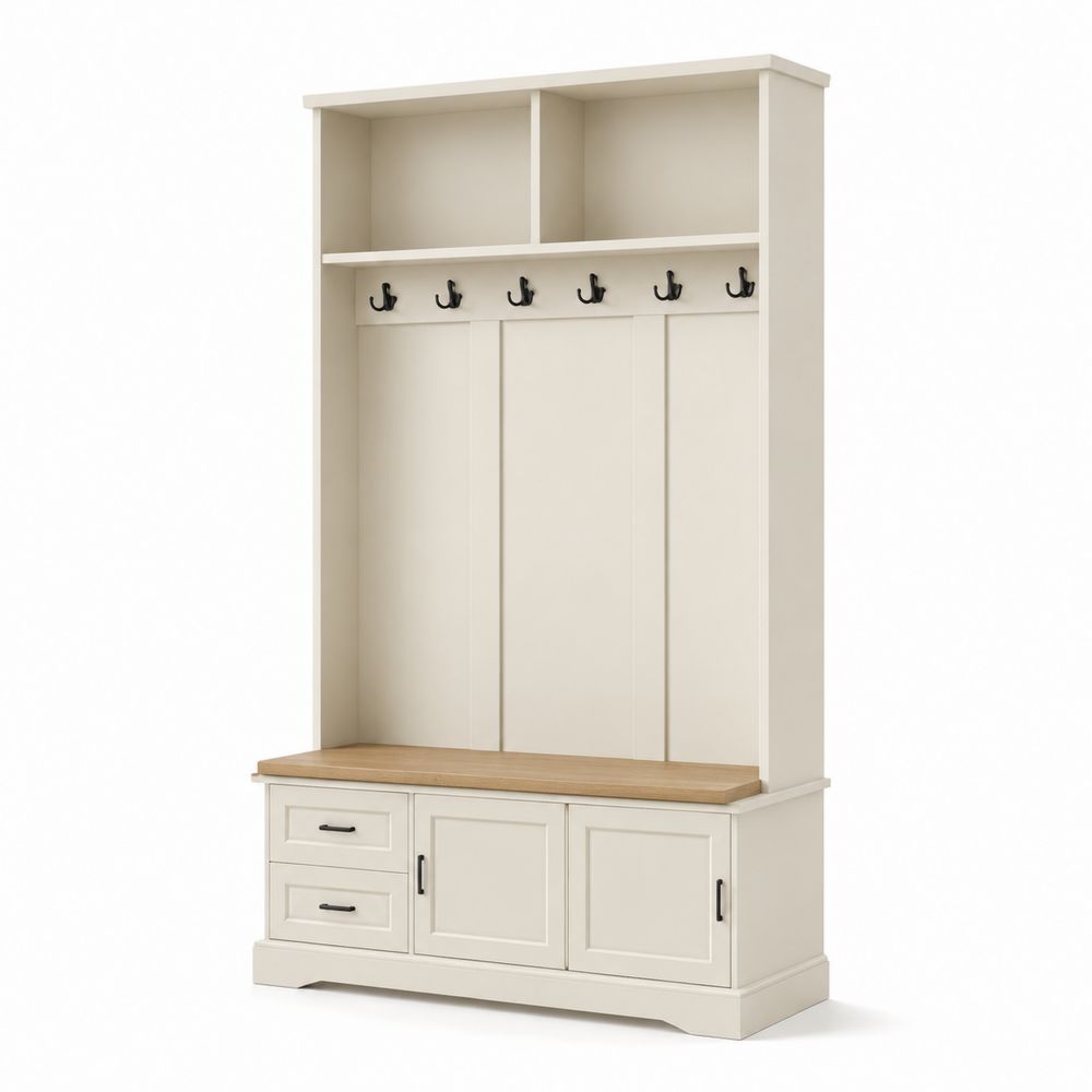 Garderobenkombination mit Haken und Schrank, Holz, Creme, 200 cm hoch
