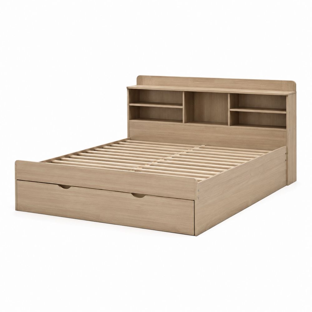 Holzbett mit Stauraum und Regal-Kopfteil 200x150 cm Beige