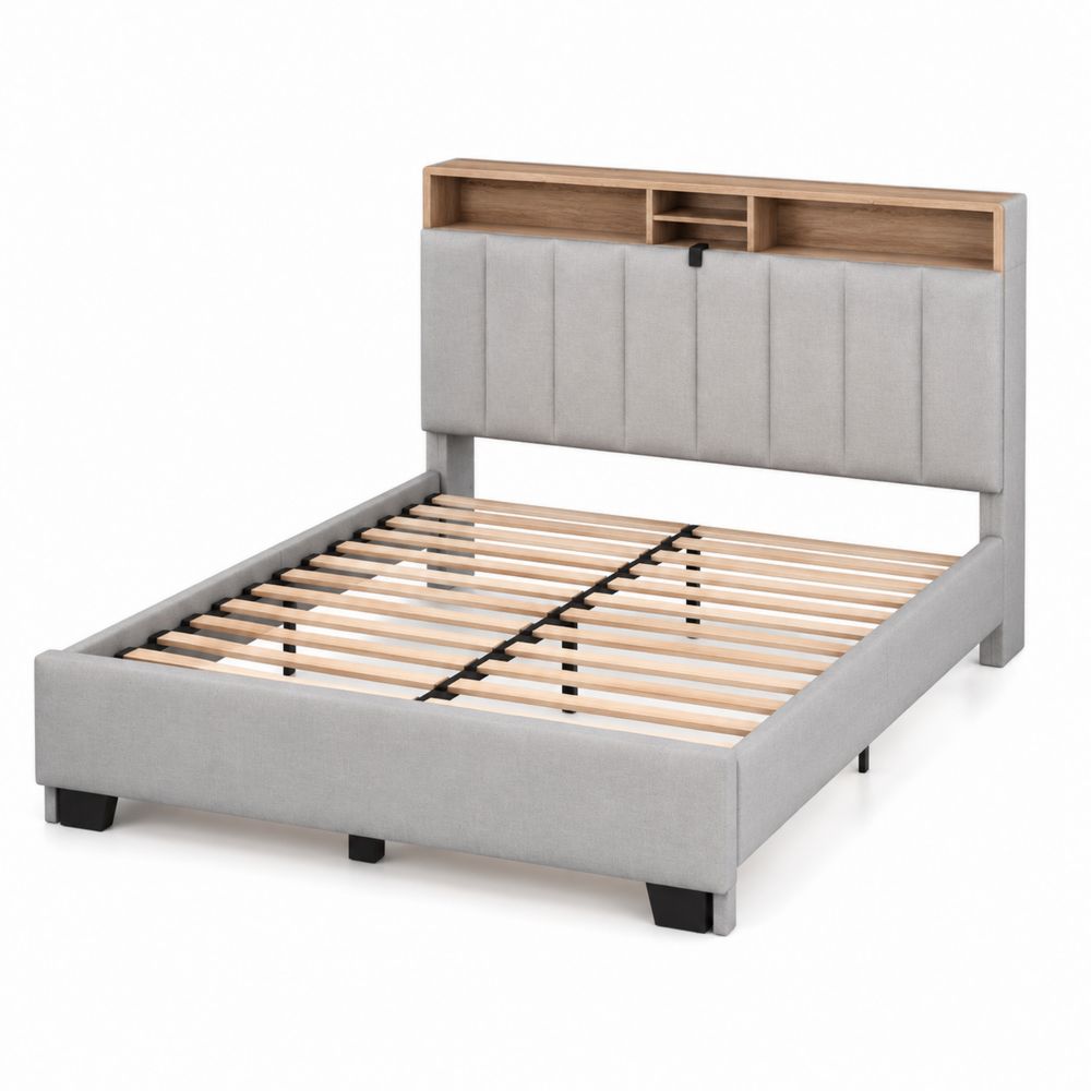 Bett mit Regal-Kopfteil 200x180 cm Holz/Polyester Grau