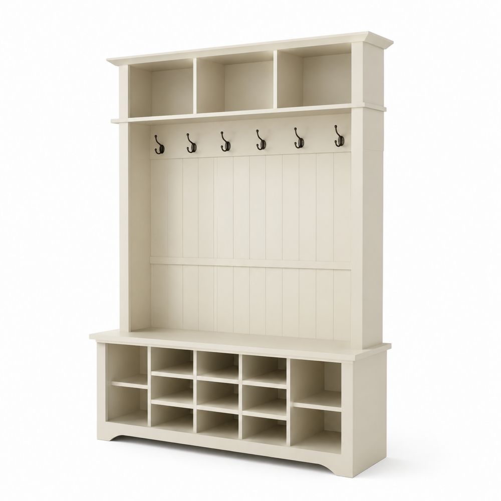 Holzgarderobenkombination mit Regalen und Haken Beige