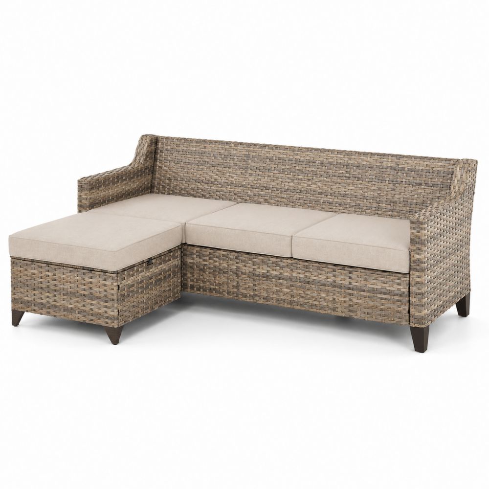 Ecksofa aus Rattan mit Beigen Kissen
