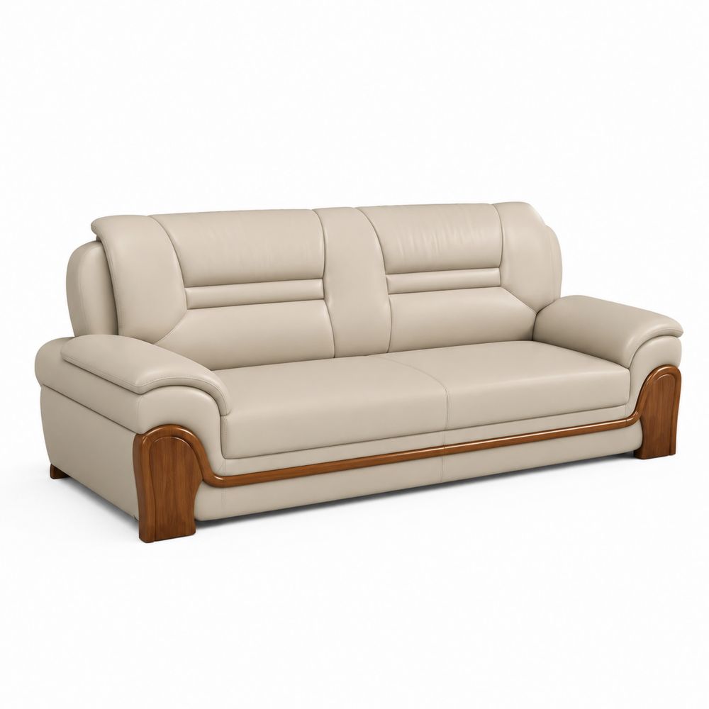 3-Sitzer Ledersofa Creme mit Holzdetails