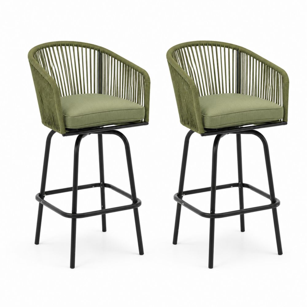 2er-Set Outdoor-Barhocker aus Stahl und Polyesterseil mit grünem Kissen