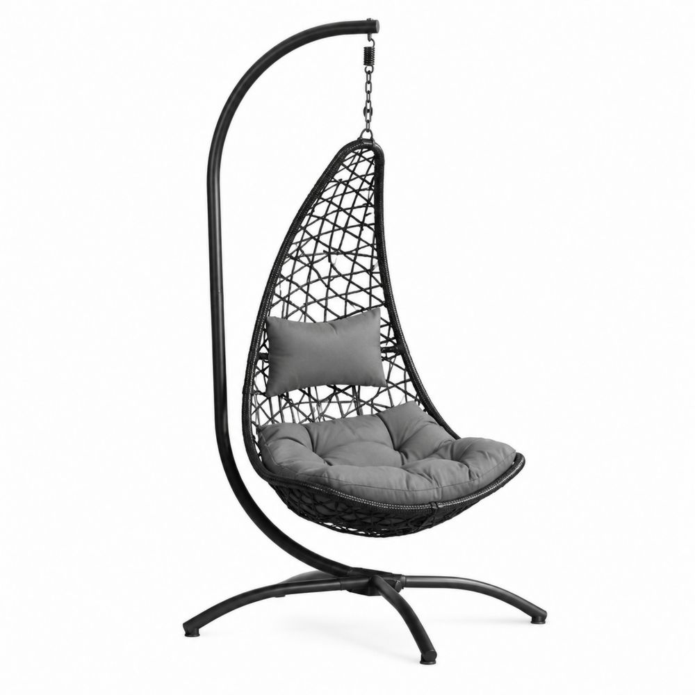 Hängesessel aus Metall und PE-Rattan in Schwarz und Grau, Höhe 190cm