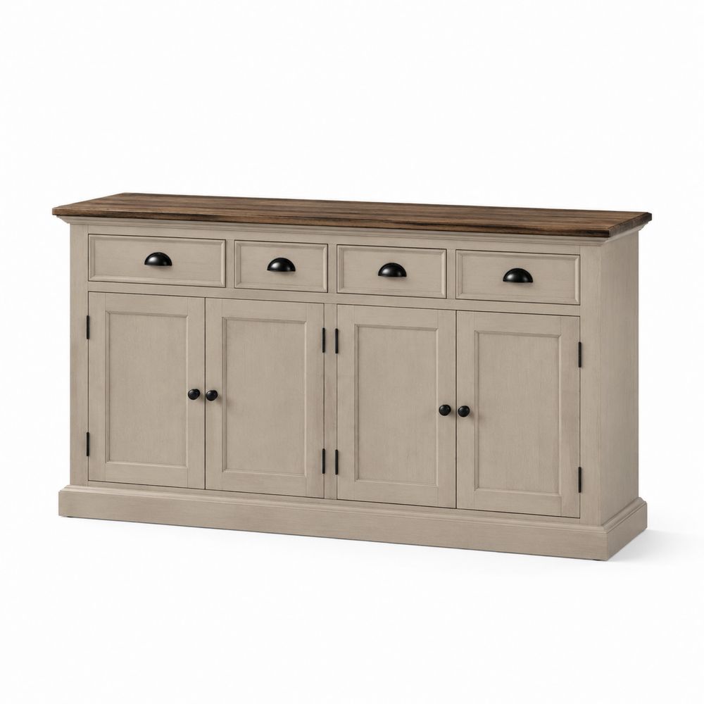 Buffetschrank aus Holz mit 4 Türen und 3 Schubladen in Beige und Eichenoptik