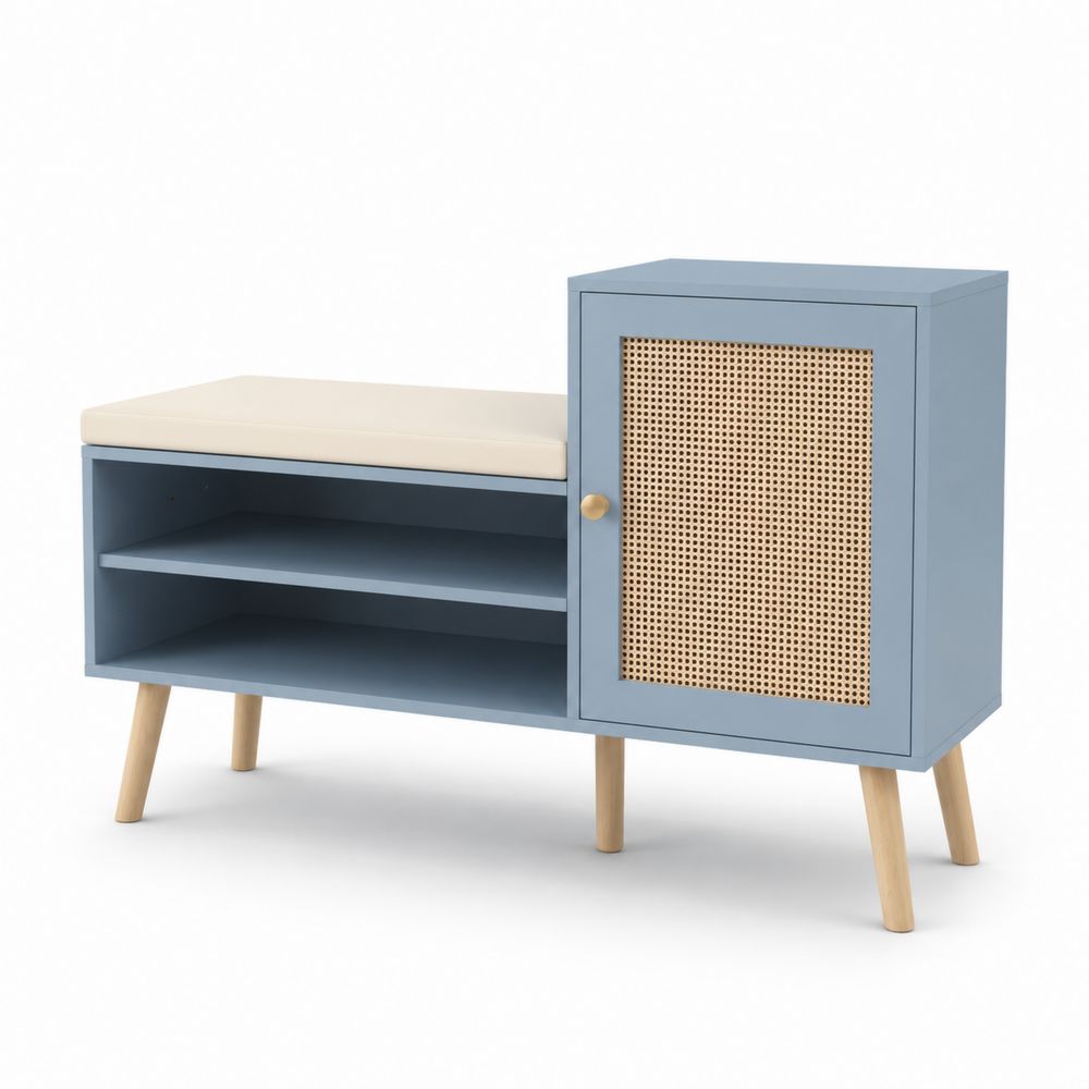 Schuhbank mit Aufbewahrung MDF Kiefernholz Blau Sitzkissen